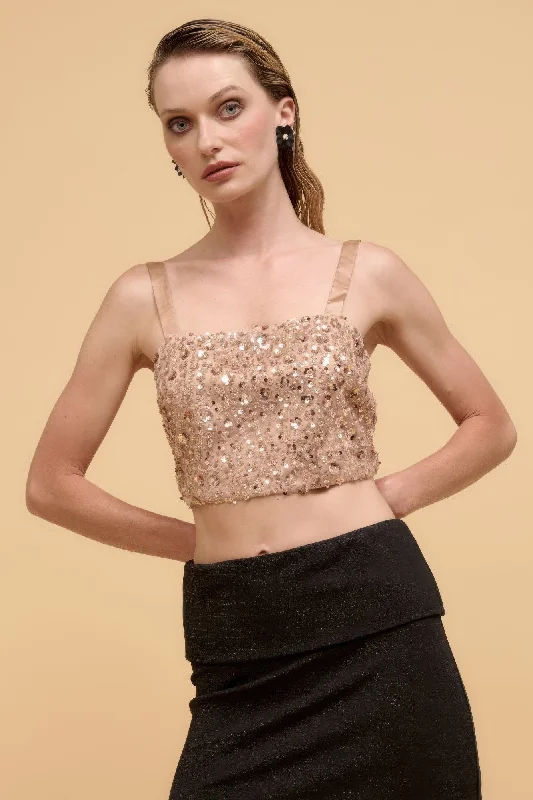 Women's Formal Apparel Floral sequins straight neck crop top