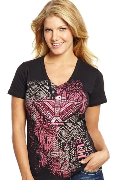 Women's Evening Outfit Cowgirl Up Womens Black Cotton S/S T-Shirt Tribal Foil V-Neck