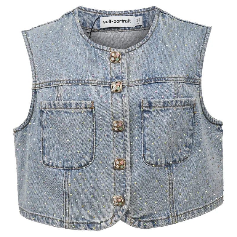 Versatile Outfits Self-Portrait Rhinestone Crop Top in Blue Denim