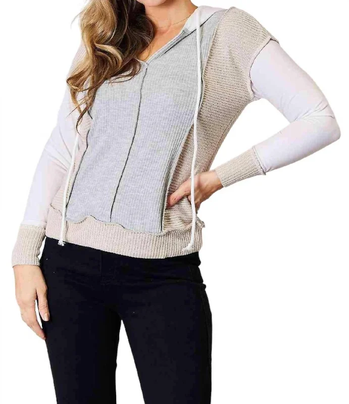 Casual Fashion Chic Color Block Hoodie With Seam Details In Light Gray
