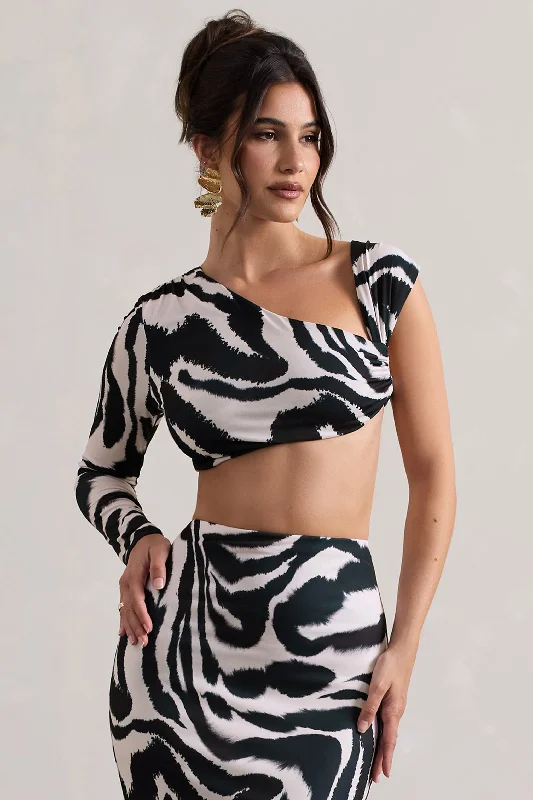 Women's Professional Garments Agalia | Zebra Print Ruched Asymmetric One-Sleeve Crop Top
