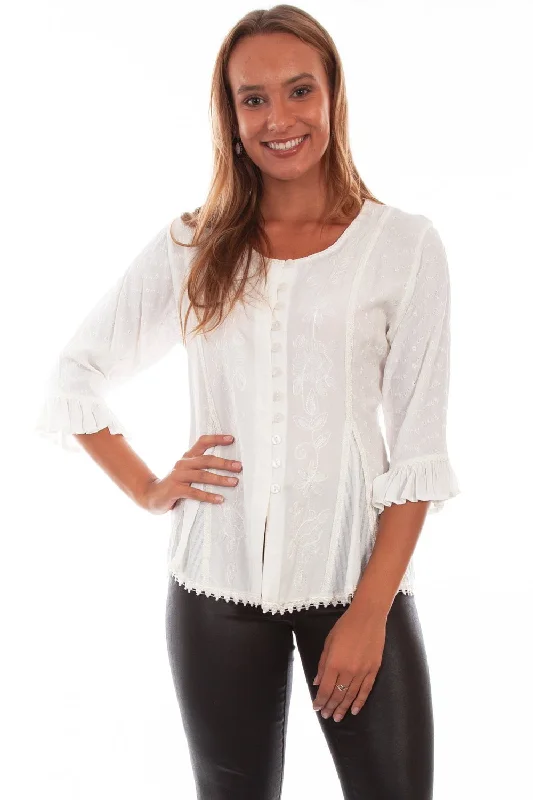 Women's Trendy Outfit Scully Honey Creek Womens Blouse Ivory 100% Rayon Embroidered 3/4 Sleeve