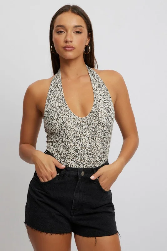 Formal Attire For Women Brown Animal Print Halter Neck Bodysuit Sleeveless