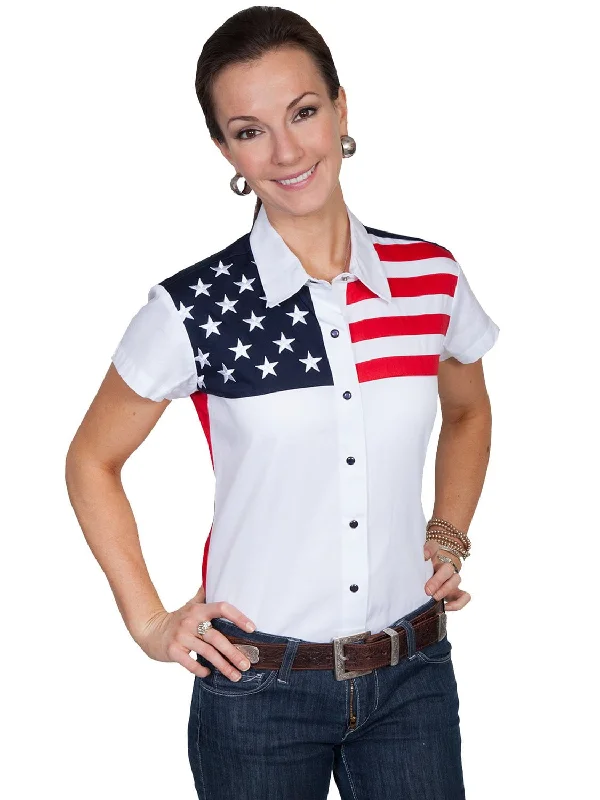 Women's Outdoor Activity Garments Scully Western Womens White 100% Cotton S/S USA Flag Western Shirt