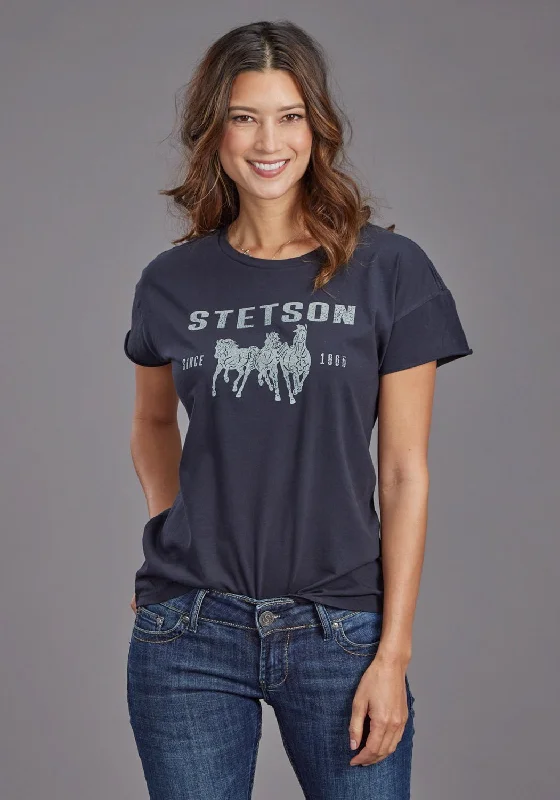 Affordable Women's Apparel Stetson Womens Running Horses Black 100% Cotton S/S T-Shirt