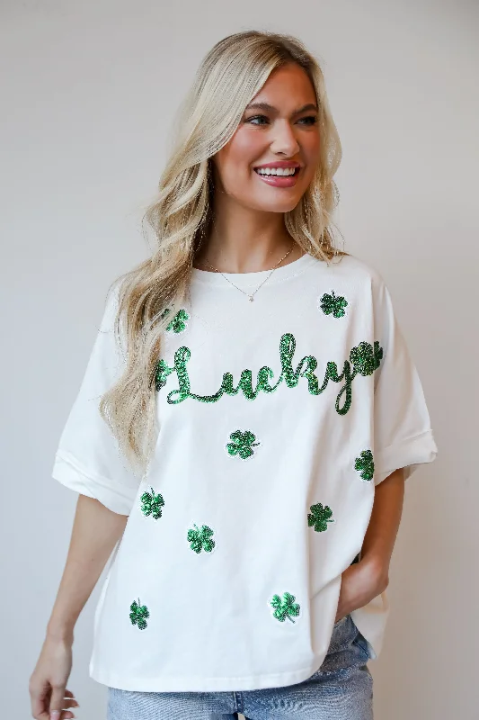 Women's Stylish Casual Garments FINAL SALE - White Sequin "Lucky" Four Leaf Clover Tee