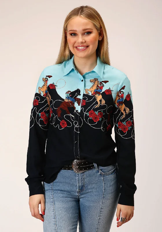 Women's Chic Outfit Roper Womens Cowgirl Border Black 100% Rayon L/S Shirt