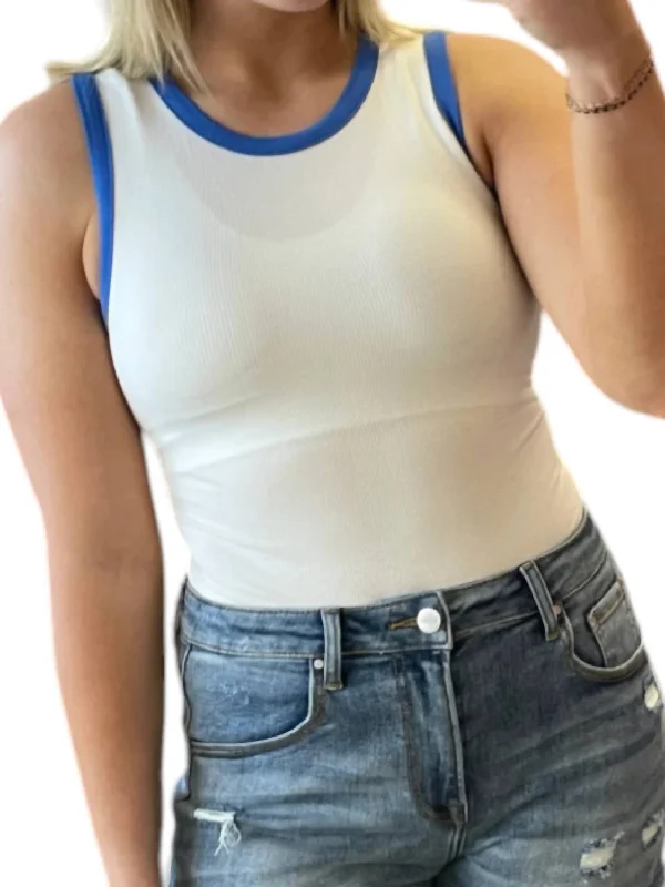 Women's Comfortable Garments Round Neck Ribbed Color Block Bodysuit In White/blue