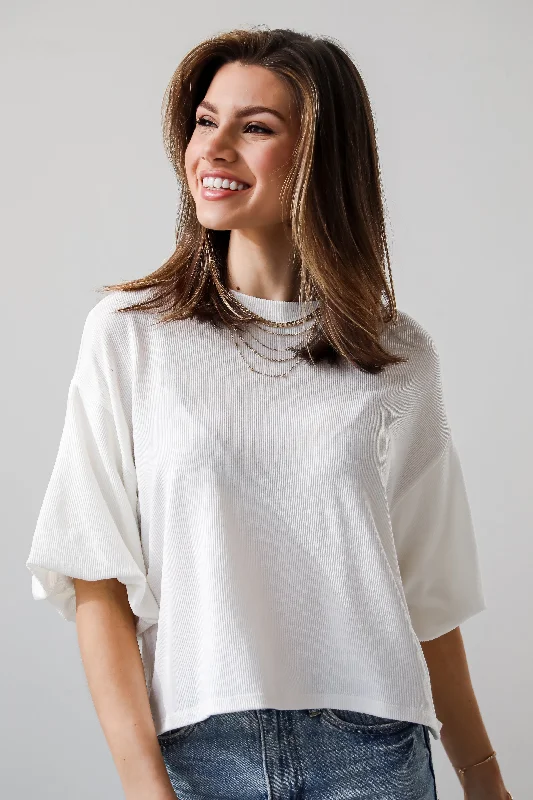 Women's Seasonal Garments FINAL SALE - Effortless Behavior Ivory Ribbed Puff Sleeve Top