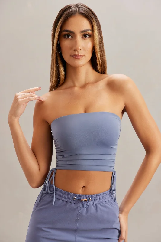 Luxe Women's Fashion Ruched Bandeau Crop Top in Blue