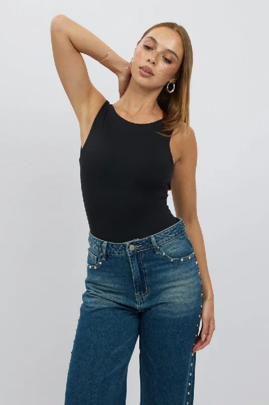 Women's Effortless Casual Outfit Black Bodysuit Sleeveless Open Back Supersoft