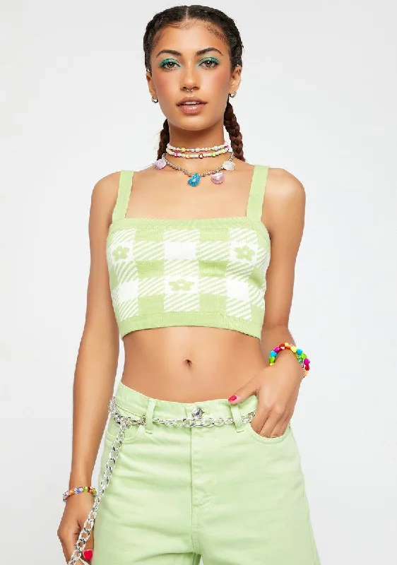 Comfortable Casual Women's Clothing Green Flower Gingham Crop Top