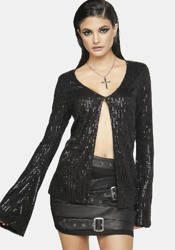 Women's Travel Apparel Drape Sequin Black Pulo Cardigan