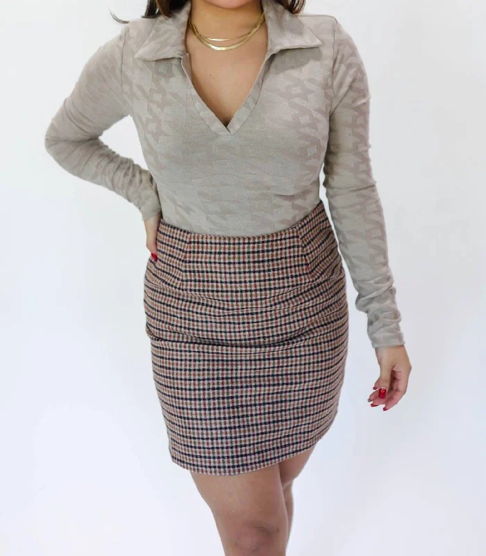 Elegant Women's Evening Garments Over The Top Houndstooth Bodysuit In Stone