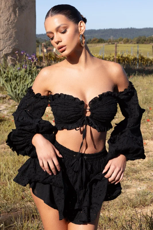 Women's Outerwear Garments Postcard | Black Lace Bardot Puff-Sleeved Crop Top
