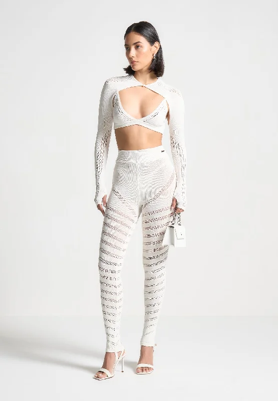 Women's Elegant Evening Outfit High Waisted Knitted Spiral Contour Leggings - White