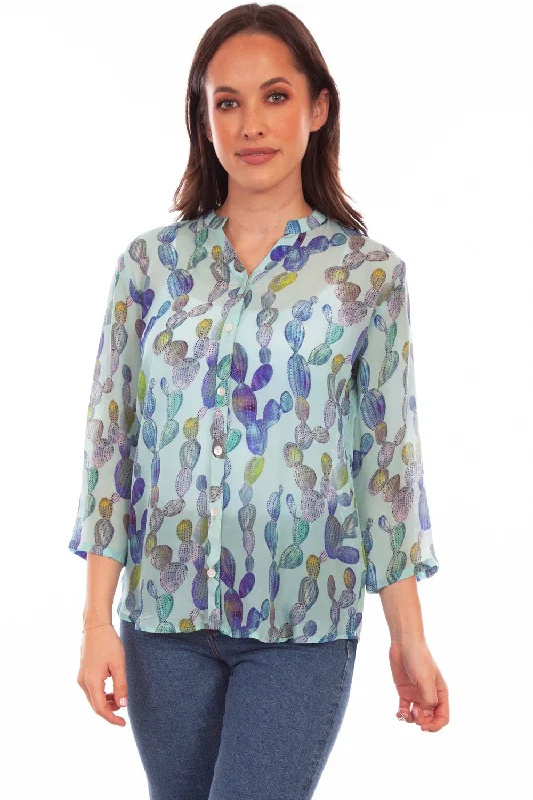 Premium Style Scully Womens Aqua Rayon Cactus S/S Blouse