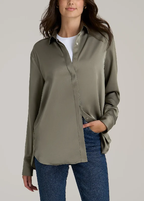 High End Women's Wear Relaxed Button Up Tall Women's Blouse in Camper Green