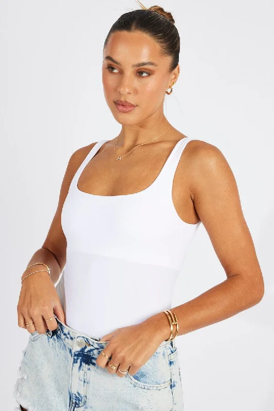 Women's Romantic Outfit White Bodysuit Scoop Neck Seamless