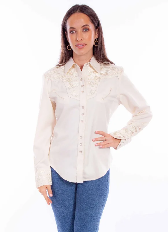 Affordable Women's Fashion Scully Womens Embroidered Floral Ivory Poly/Rayon L/S Shirt