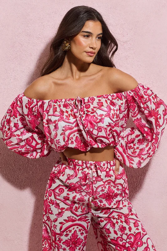 Affordable Women's Garments Joi | Pink Porcelain Print Chiffon Bardot Crop Top