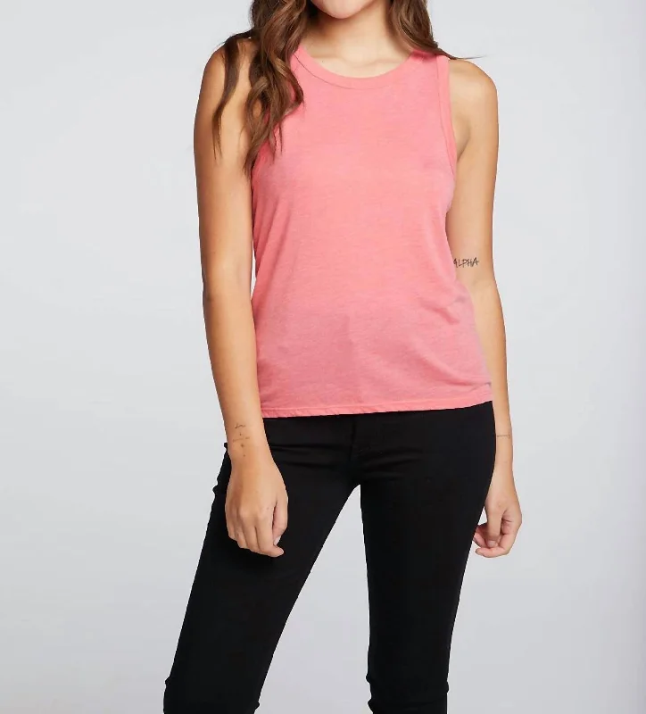Chic Women's Clothing Recycled Vintage Jersey Slit Back Hi Lo Muscle Tank Top In Pink Lemonade