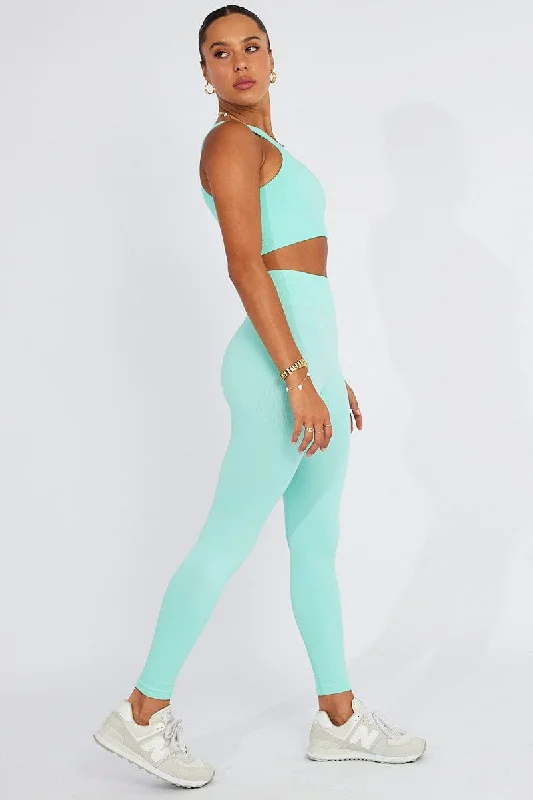 Women's Seasonal Garments Green Seamless Top And Leggings Activewear Set