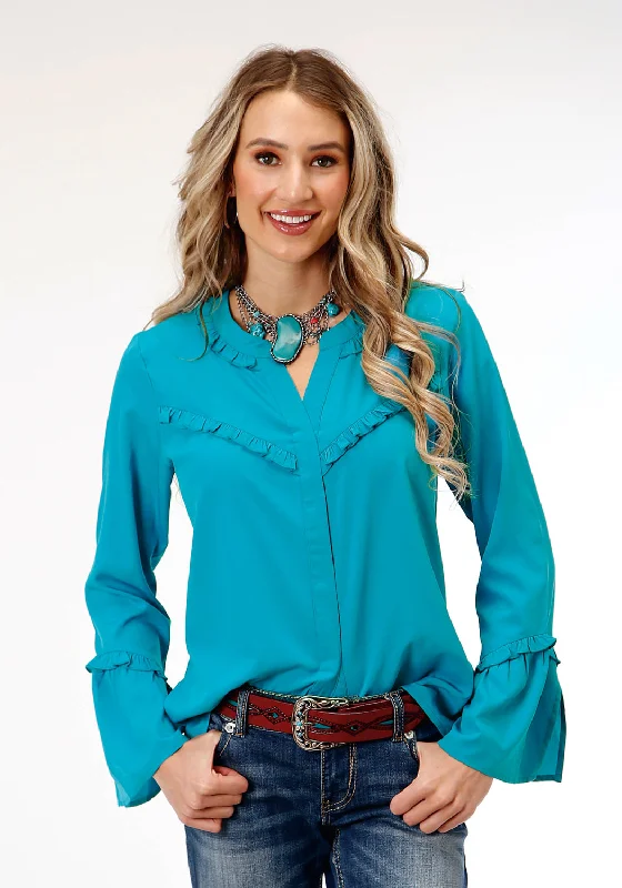 Women's Fashionable Attire For Work Roper Womens Dark Turquoise Ruffle Blue Polyester L/S Blouse