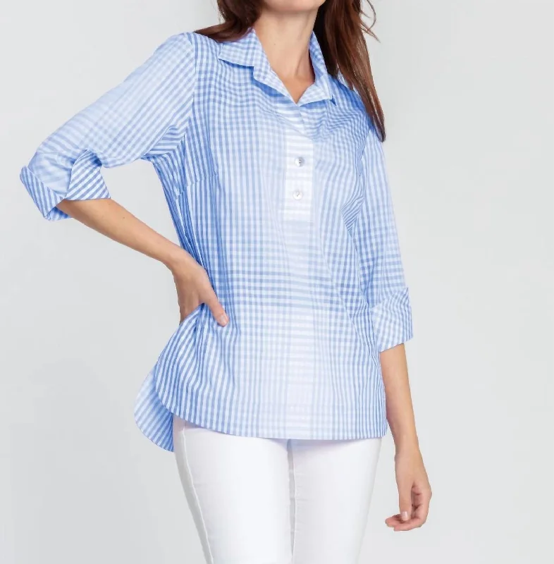 Vintage Fashion Charlotte 3/4 Sleeve Ombre Gingham Tunic In Sky Blue/white