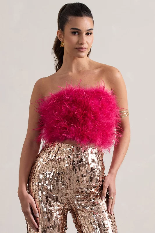 Women's Resort Garments Dream Daze | Dark Pink Strapless Feather Crop Top