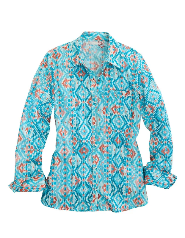 Women's Active Garments For Workouts Tin Haul Womens Aztec Print Turquoise 100% Cotton L/S Shirt