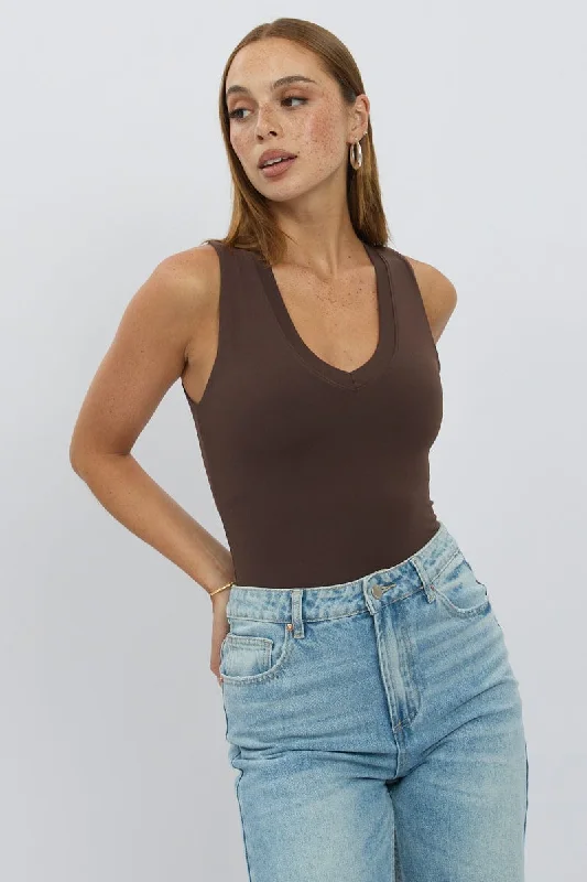 Women's Vintage-Inspired Outfit Brown Bodysuit Sleeveless V Neck