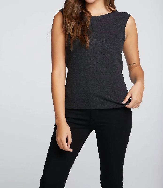 High-End Women's Apparel Triblend Rib Shirred Back V Muscle Tank Top In Black