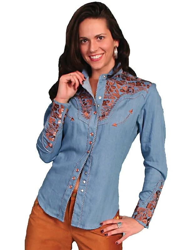 Women's Athletic Outfit Scully Western Womens Blue Polyester L/S Floral Stitch Western Shirt