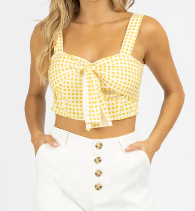 Women's Casual Garments Plaid Knotted Crop Top In Yellow