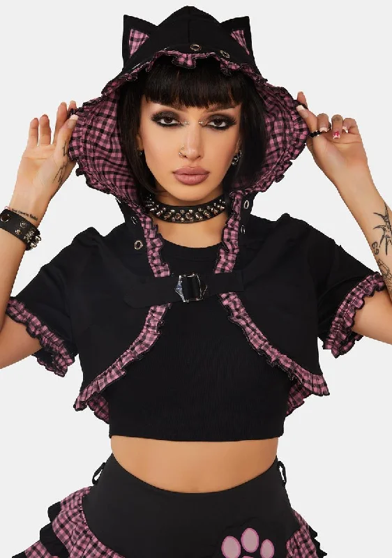 Comfortable Outfit For Women Gothic Pink Plaid Cat Ear Hoodie Cape