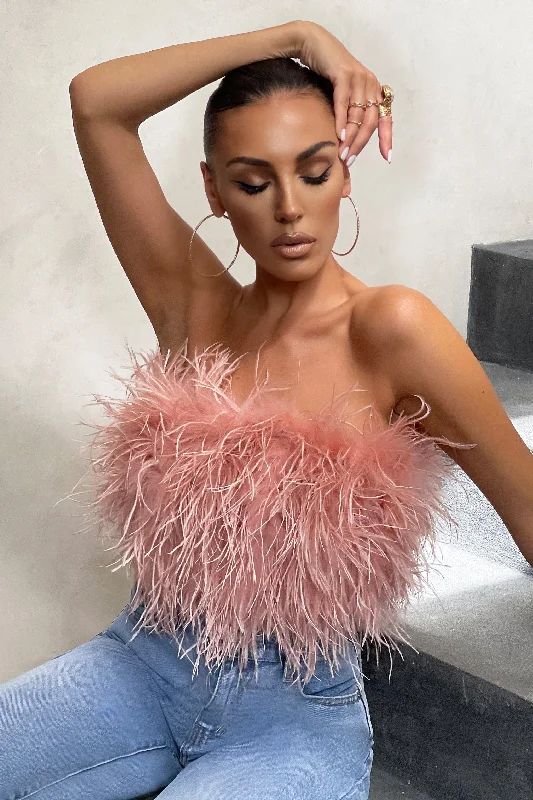 Women's Stylish Vacation Attire Dream Daze | Pink Feather Bandeau Crop Top