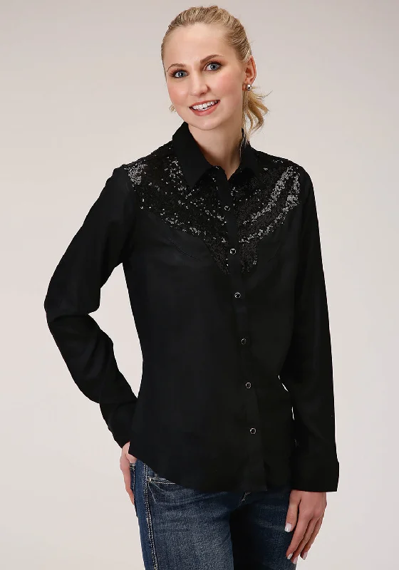 Women's Floral Print Outfit Roper Womens Sequin Boyfriend Black 100% Rayon L/S Shirt