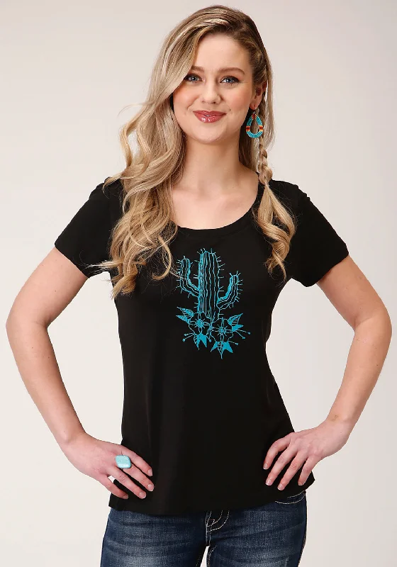 Casual Fashion for Women Roper Womens Black Poly/Rayon Blue Cactus S/S T-Shirt