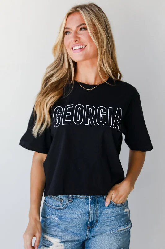 Women's Athletic Garments Black Georgia Block Letter Cropped Tee