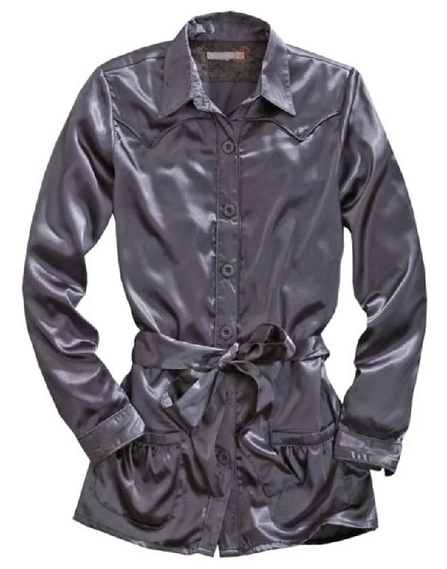 Women's Outerwear Garments Tin Haul Womens Gray Polyester L/S Belted Tunic Satin Shirt