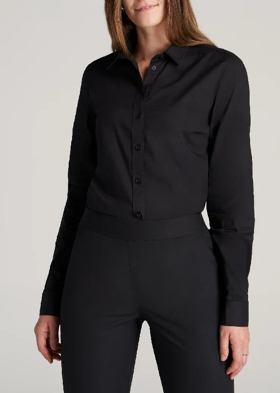 City Fashion Button-Up Dress Shirt for Tall Women in Black