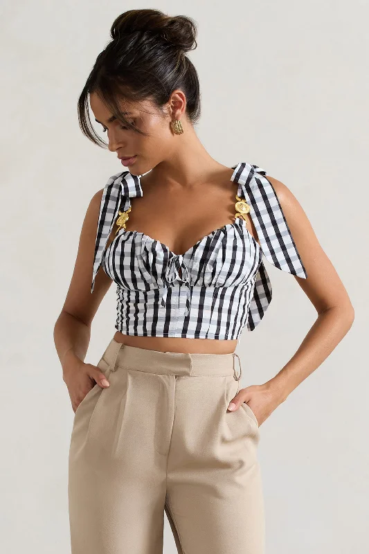 Women's Travel Garments Maud | Black & White Gingham Crop Top With Tie Straps
