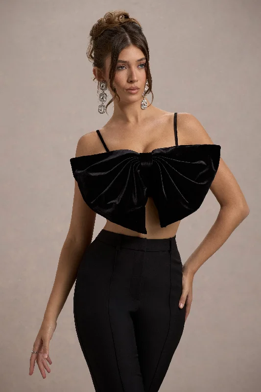 Women's Comfortable Lounge Garments Adya | Black Velvet Strappy Bow Crop Top