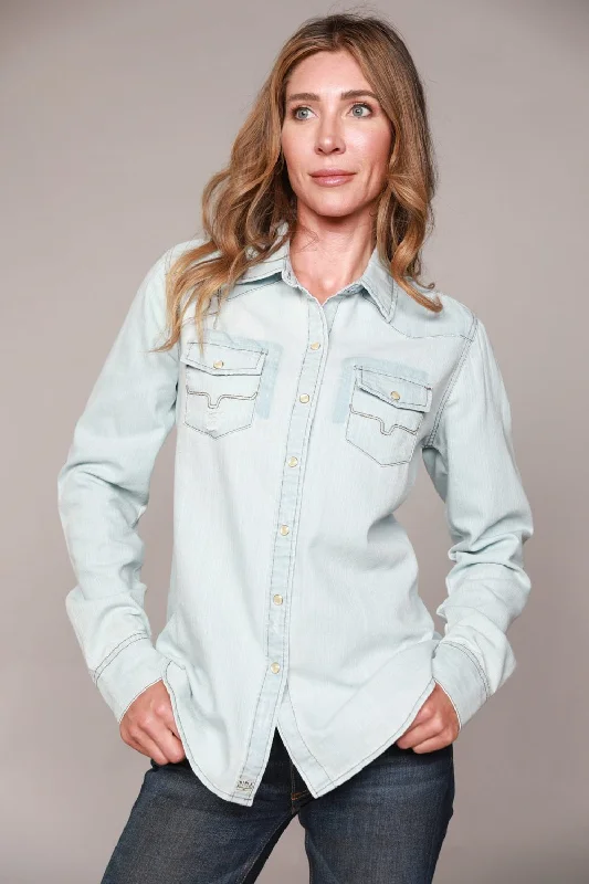 Women's Holiday Apparel Kimes Ranch Womens Kaycee Top Destroy Denim Cotton Blend L/S Shirt