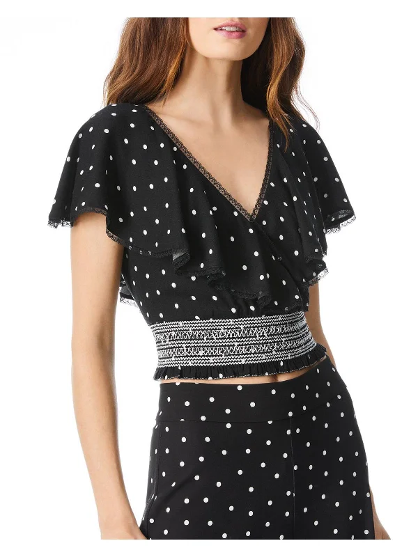 Earthy Tones Womens Ruffled Polka Dot Crop Top