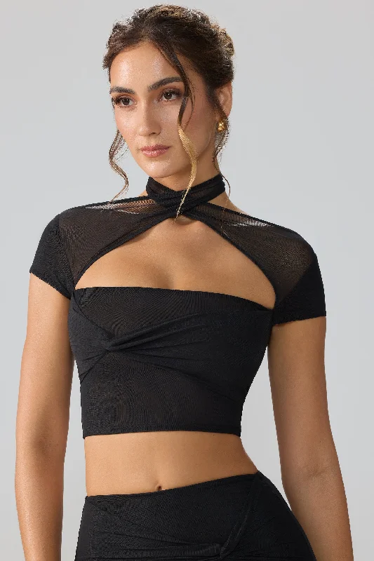 Minimalist Style Mesh Cap Sleeve Cut Out Crop Top in Black