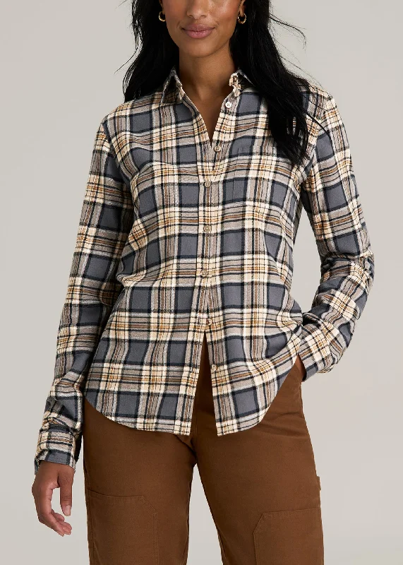 Evening Looks Flannel Button-Up Shirt for Tall Women in Grey and Camel Plaid