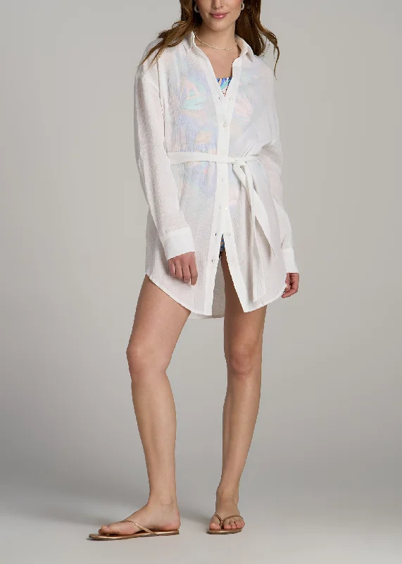 Relaxed Fashion Gauze Shirt Dress for Tall Women in Bright White