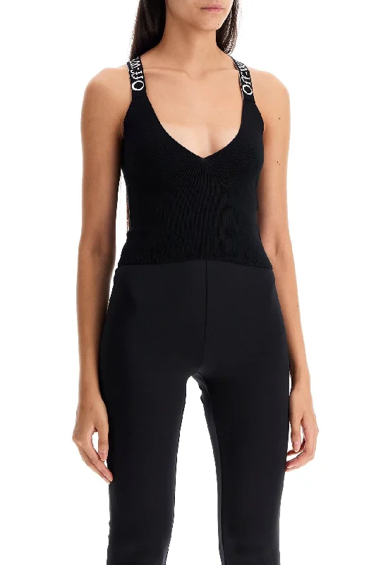 Sustainable Women's Apparel Off-White Knitted Crop Top With Branded Straps